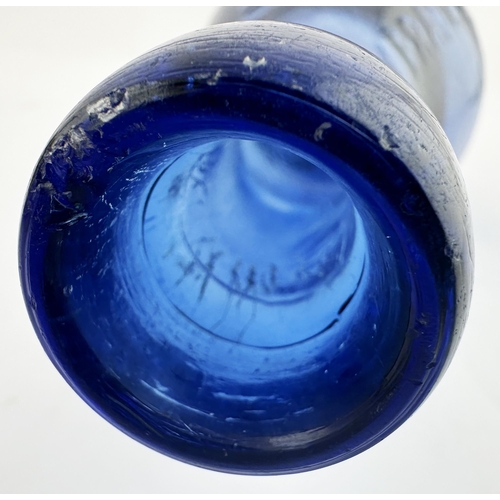 120 - ELLANDS NECASTLE BLUE GLASS HAMILTON BOTTLE. ((Nothing But the Blues p43). 9.5ins long. Cobalt blue ... 