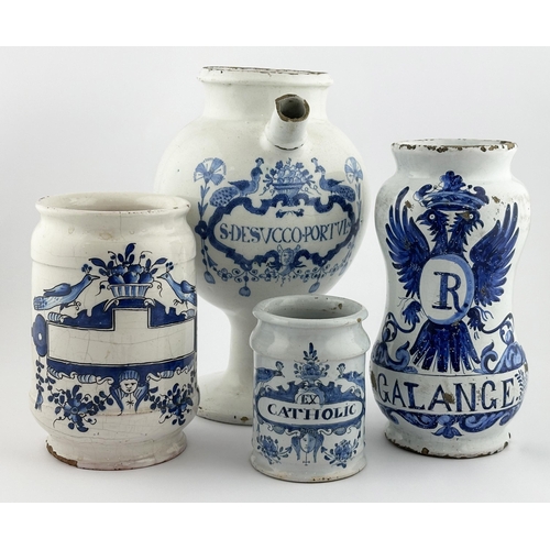 124 - DUTCH TIN GLAZED PHARMACY JAR. 7.3ins tall. Hand painted blue on off white body featuring ornate des... 