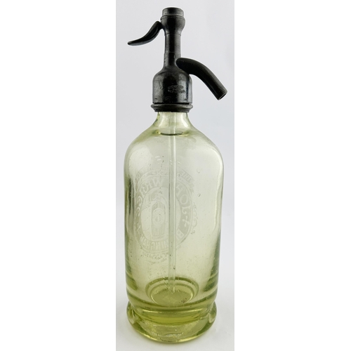 128 - BIRMINGHAM SODA SYPHON. 12ins tall to the top of the trigger (worn). Light green in colour with foot... 