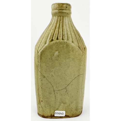 137 - SOUTHWELL SLAB SEALED FLASK. 7.1ins tall. Small rectangular bodied, ribbed neck, grey green slip gla... 