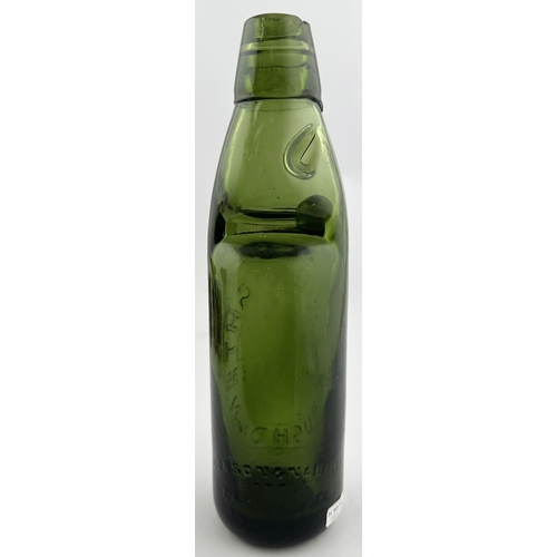 17 - J W BRIGHT RUSHDEN GREEN GLASS CODD BOTTLE. 9.1ins tall. Dark green 10oz standard codd heavily embos... 