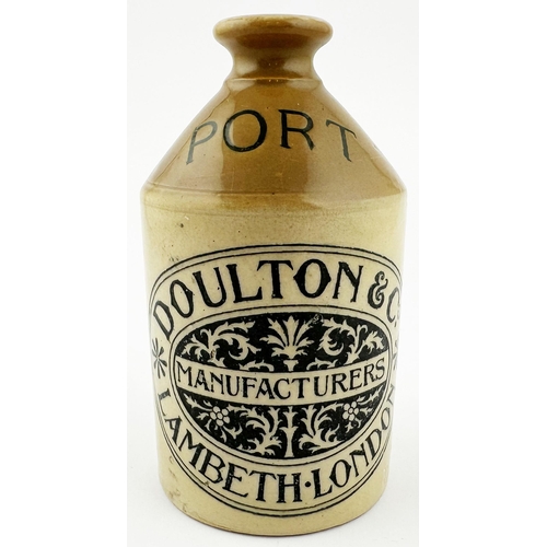 25 - DOULTON LAMBETH ADVERTISING PORT FLAGON. 5.5ins tall. T.t., rear handle. Large bold front black tran... 