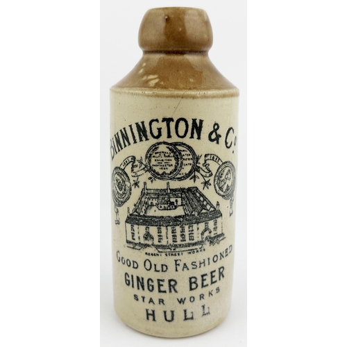 28 - BINNINGTON & CO HULL GINGER BEER BOTTLE. 6.6ins tall, std, t.t. Large factory pictorial medals (date... 