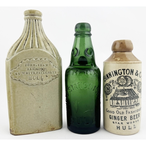 28 - BINNINGTON & CO HULL GINGER BEER BOTTLE. 6.6ins tall, std, t.t. Large factory pictorial medals (date... 