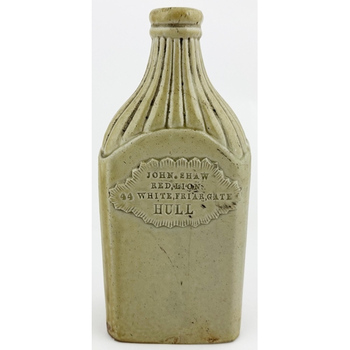 29 - HULL SLAB SEALED FLASK. 8.8ins tall. Rectangular base grey green slip glaze f lask, rectangular base... 