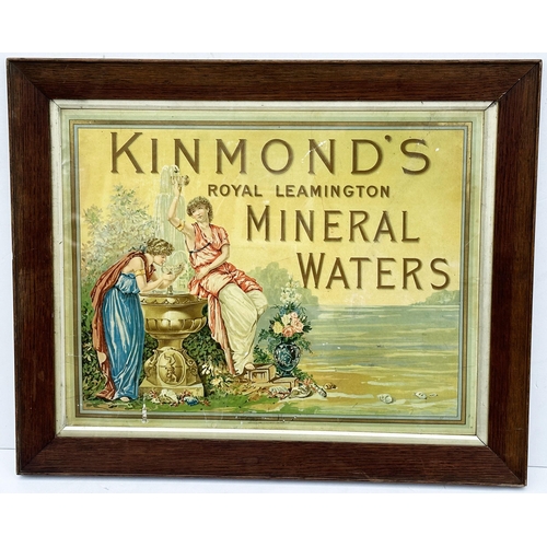 35 - ROYAL LEAMINGTON KINMONDS MINERAL WATERS FRAMED ADVERT. 25.75 x 21ins. Multicoloured image of robed ... 