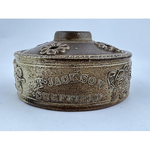 46 - SHEFFIELD STONEWARE INKWELL. 4.7ins diam. Brown salt glaze inkwell impressed with T. JACKSON/ SHEFFI... 