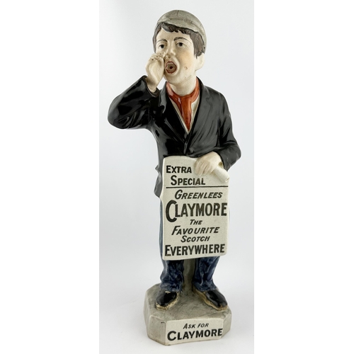 49 - GREENLEES CLAYMORE SCOTCH NEWSBOY ADVERTISING FIGURE. 16ins tall. Hollow cast full f igure newsboy n... 