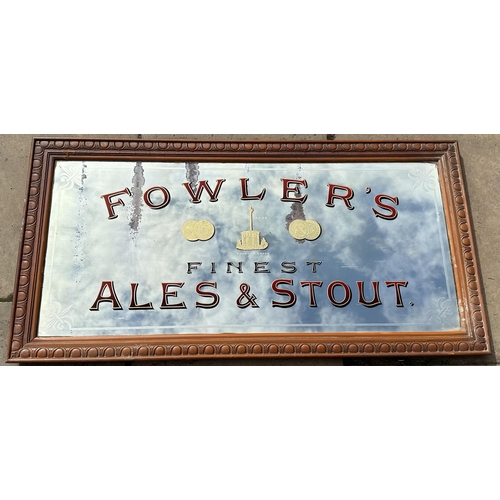 53 - FOWLERS FINEST ALES & STOUT MIRROR. 48 x 24ins, ornate outer wooden frame. Gold medals & centre t.m.... 