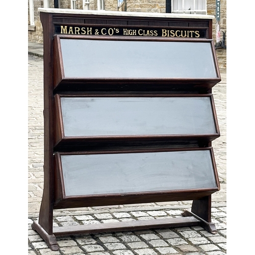 54 - MARSH & CO HIGH CLASS BISCUITS SHOP CABINET. 52 ins high, 42ins long. Three tiered glass fronted lid... 