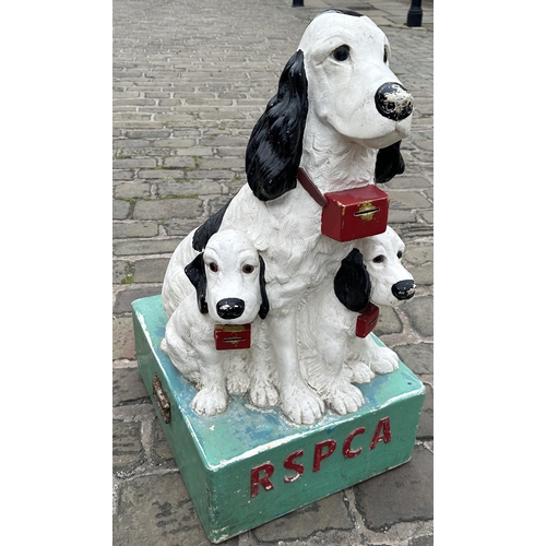 56 - RSPCA CHARITY COLLECTION BOX. 34.5ins tall, 18 x 22ins base. Side handles, quite light weight, Three... 