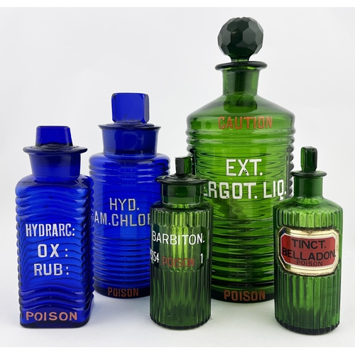 62 - RIBBED SHOP ROUND BOTTLE. (DP p153). 5.5ins tall. Bright green glass, vertical body ribs, wide neck,... 