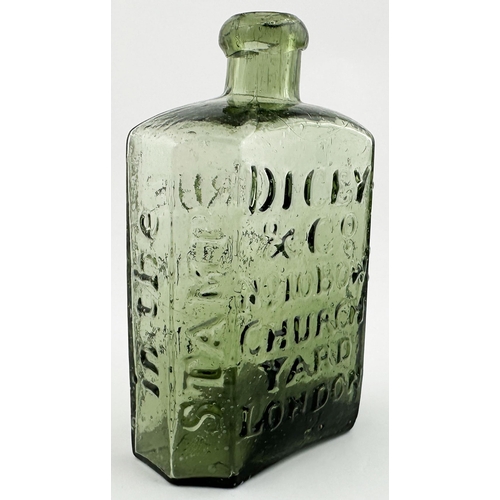 68 - DAFFYS ELIXIR BOTTLE. 4.8ins tall. Light olive green glass, rectangular cross section, bevelled corn... 