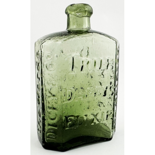 68 - DAFFYS ELIXIR BOTTLE. 4.8ins tall. Light olive green glass, rectangular cross section, bevelled corn... 