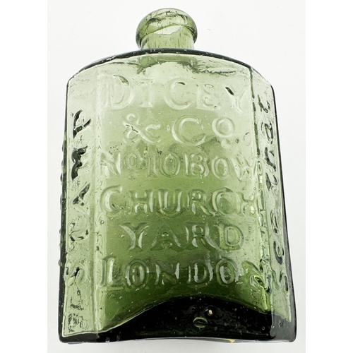 68 - DAFFYS ELIXIR BOTTLE. 4.8ins tall. Light olive green glass, rectangular cross section, bevelled corn... 