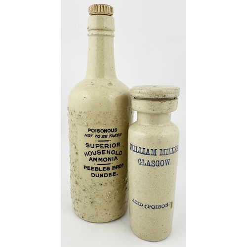 73 - PEEBLES BROS DUNDEE HOUSEHOLD AMMONIA BOTTLE. 11.5ins tall. Stoneware cylinder, roughened pebble das... 