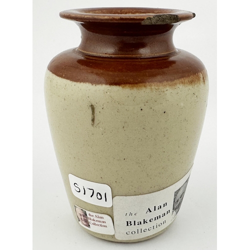 75 - JAMES STIFF & SONS PROMOTIONAL SAMPLE CREAM POT. 3.3ins tall. T.t. brown top, black transfer promoti... 