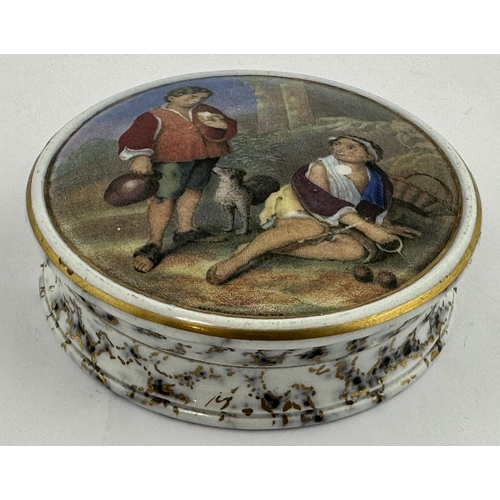 86 - PEASANT BOY PRATT MADE POT LID & BASE. (KM 337). 3.9ins diam. Multi coloured image with 2 outer gold... 