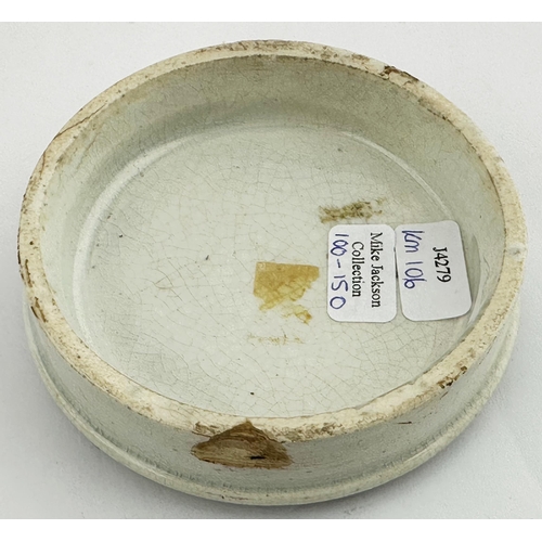 88 - LADY WITH HAWK PRATT LID. (KM 106) 3ins diam. Multi coloured image. Chip to underside edge.