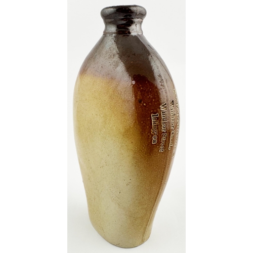 9 - ISLINGTON SPIRIT FLASK. 7.75ins tall. T.t, shiny salt glaze. Impressed S. SLOUGHGROVE/ WINDSOR CASTL... 