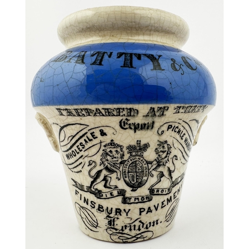 147 - BATTY & CO MUSTARD POT. 3.8ins tall. A wonderful early, c. 1860-70 period, blue top wide mouth pot, ... 