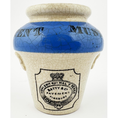 147 - BATTY & CO MUSTARD POT. 3.8ins tall. A wonderful early, c. 1860-70 period, blue top wide mouth pot, ... 