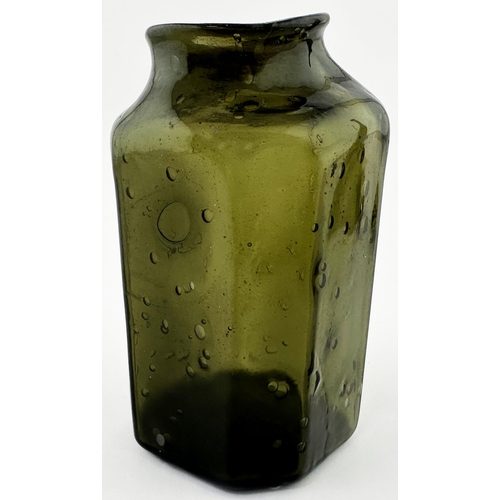 169 - OCTAGONAL DARK GREEN UTILITY BOTTLE. 3.9ins tall. Dark green glass, super crude, small (nay stumpy) ... 