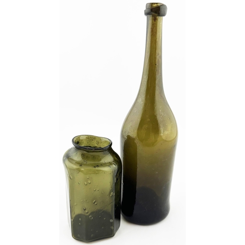 169 - OCTAGONAL DARK GREEN UTILITY BOTTLE. 3.9ins tall. Dark green glass, super crude, small (nay stumpy) ... 