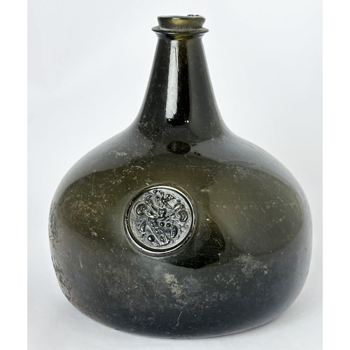 171 - ENGLISH SEALED ONION WINE BOTTLE. 7.1ins tall. Early black/ very dark green glass, classic English, ... 