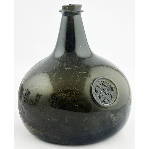 171 - ENGLISH SEALED ONION WINE BOTTLE. 7.1ins tall. Early black/ very dark green glass, classic English, ... 