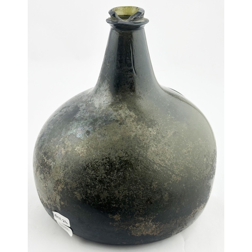 171 - ENGLISH SEALED ONION WINE BOTTLE. 7.1ins tall. Early black/ very dark green glass, classic English, ... 