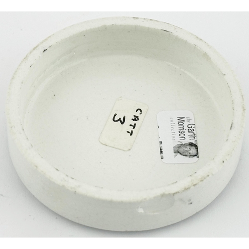 189 - PLYMOUTH POT LID. (APL pg 85, 44) 2.5ins diam. Black transfer BALKWILL & CO/ COLD CREAM. Simple but ... 