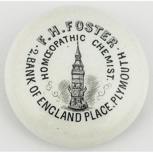 195 - PLYMOUTH POT LID. (APL 87, 69) 1.8ins diam. White button lid featuring a t.m image of the Derry cloc... 