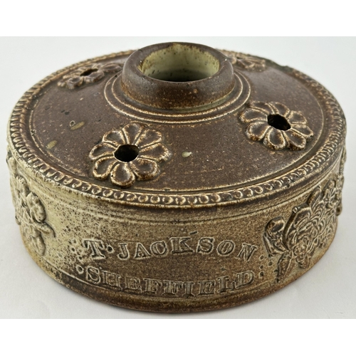 46 - SHEFFIELD STONEWARE INKWELL. 4.7ins diam. Brown salt glaze inkwell impressed with T. JACKSON/ SHEFFI... 