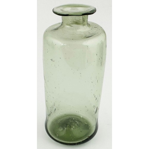 198 - FREE BLOWN APOTHECARY PHIAL. 3.3ins tall. Very light green tinged glass cylinder, flared top lip, ba... 