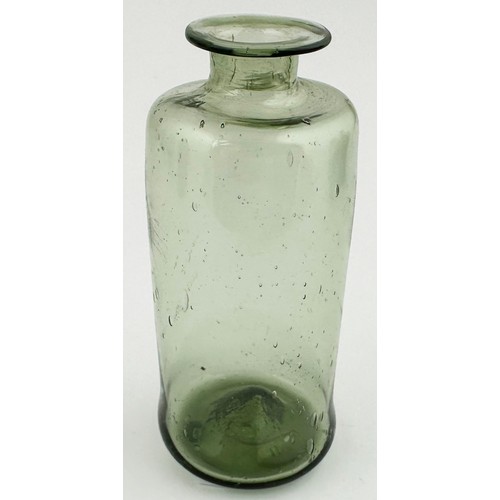 198 - FREE BLOWN APOTHECARY PHIAL. 3.3ins tall. Very light green tinged glass cylinder, flared top lip, ba... 