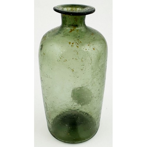 198 - FREE BLOWN APOTHECARY PHIAL. 3.3ins tall. Very light green tinged glass cylinder, flared top lip, ba... 