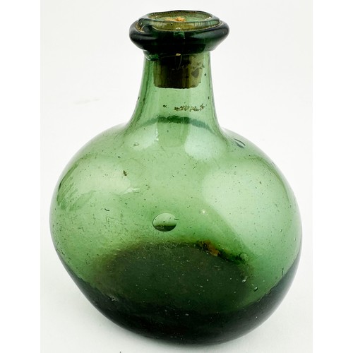 200 - FREE BLOWN APOTHECARY PHIAL. 4.1ins tall. Dark green rounded bodied. Hand inscribed on side Jnointop... 