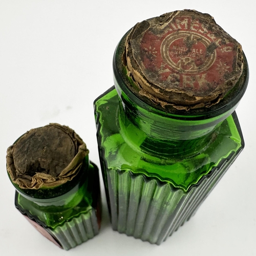 12 - YORK LABELLED POISON BOTTLE DUO. Tallest 4.75ins. Green glass, hexagonal, wide mouths. Various label... 