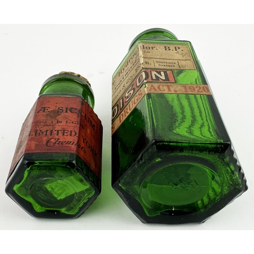 12 - YORK LABELLED POISON BOTTLE DUO. Tallest 4.75ins. Green glass, hexagonal, wide mouths. Various label... 