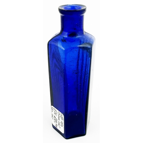 13 - ANCOATS HOSPITAL POISON BOTTLE. 4.4ins tall. Bright cobalt blue hexagonal shape, square lip. Vertica... 