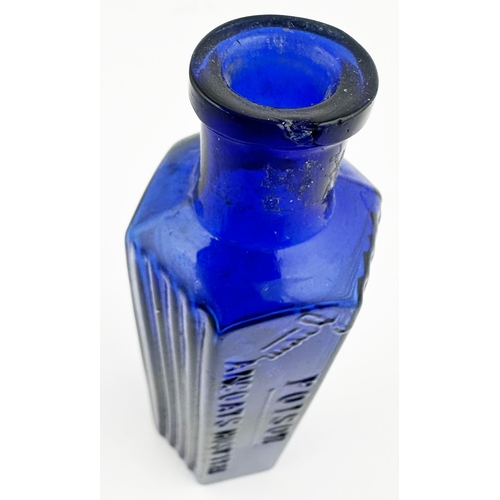 13 - ANCOATS HOSPITAL POISON BOTTLE. 4.4ins tall. Bright cobalt blue hexagonal shape, square lip. Vertica... 