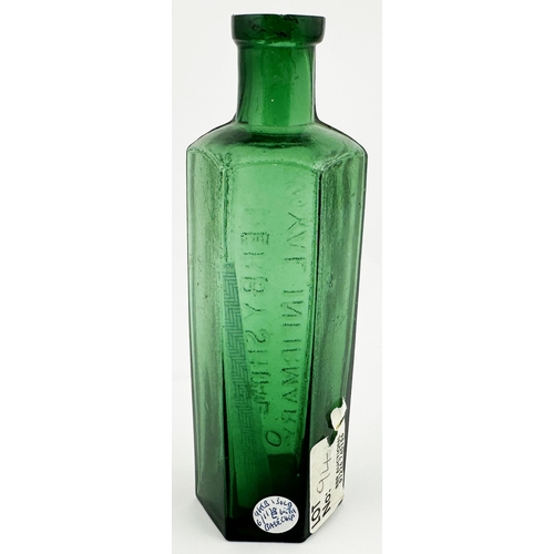 14 - DERBYSHIRE ROYAL INFIRMARY POISON BOTTLE. 5.7ins tall. Emerald green hexagonal, square lip. Embossed... 