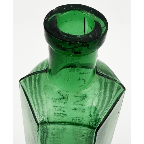 14 - DERBYSHIRE ROYAL INFIRMARY POISON BOTTLE. 5.7ins tall. Emerald green hexagonal, square lip. Embossed... 