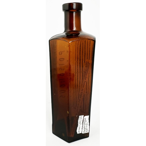 24 - HEXAGONAL POISON BOTTLE. 8.5ins tall. (DP p78) Amber glass, embossing to one panel POISONOUS/ NOT TO... 