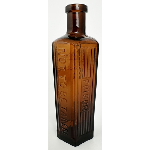 25 - HEXAGONAL POISON BOTTLE. 7.25ins tall. (DP p78) Amber glass, embossing to two panels POISON/ NOT TO ... 