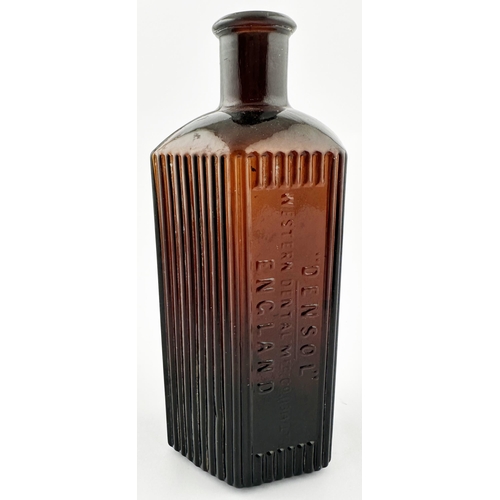 30 - DENSOL BOTTLE. (DP p97) Dark amber glass, vertically ribbed with embossing DENSOL/ WESTERN DENTAL MF... 