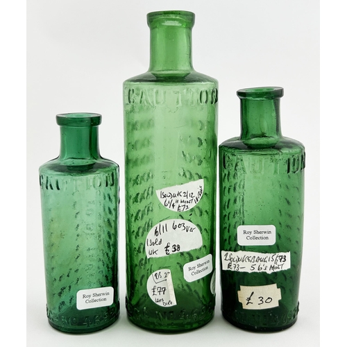 33 - TAYLORS PATENT POISON BOTTLE TRIO. (DP p55) Tallest 6ins Green glass, two studded walls, embossed ce... 