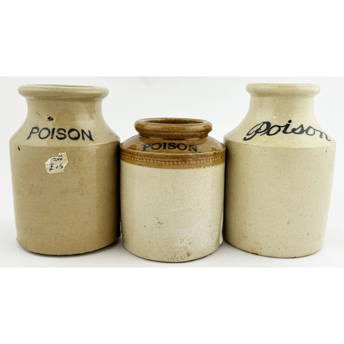 35 - STONEWARE POISON MUSTARD JAR TRIO. (DP p74)Tallest 5.5ins. Stoneware jars with black POISON to front... 