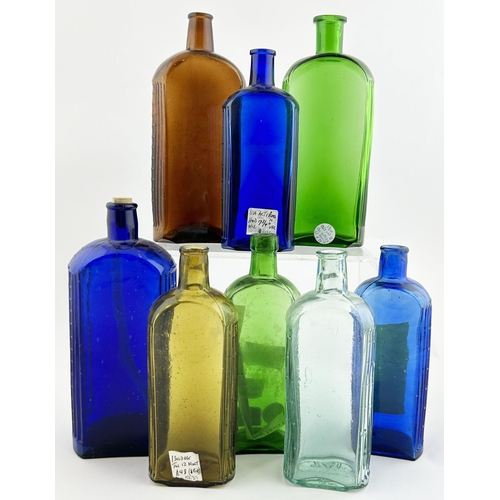 36 - CARBOLIC ACID POISON BOTTLE GROUP. (DP p146) Tallest 7.75ins. Various coloured glass with side verti... 